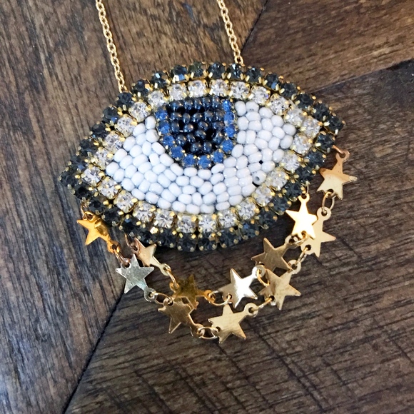 Evil Eye Hamsa Statement Necklace with Star Chain - Picture 3 of 5